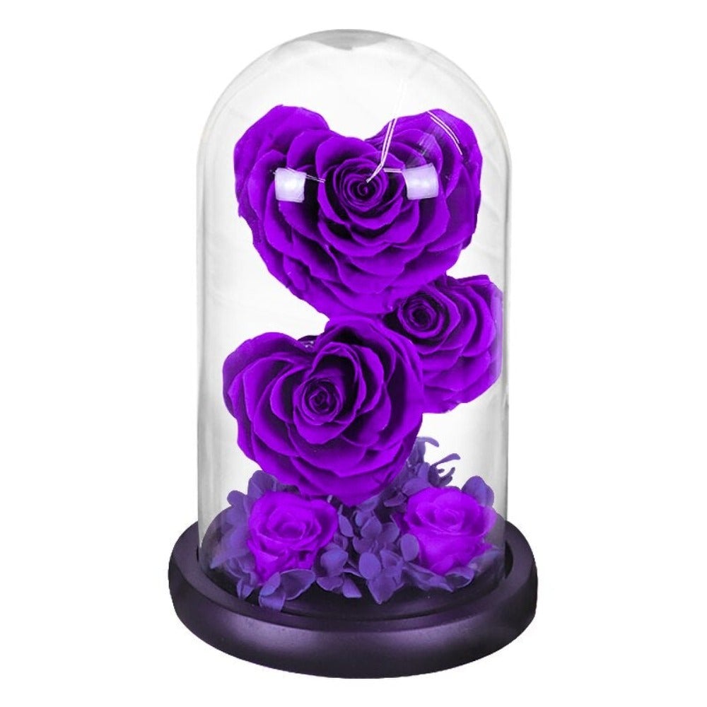 Heart Shaped Immortal Enchanted Preserved Rose Glass Display (3 Colors) 2 Sizes