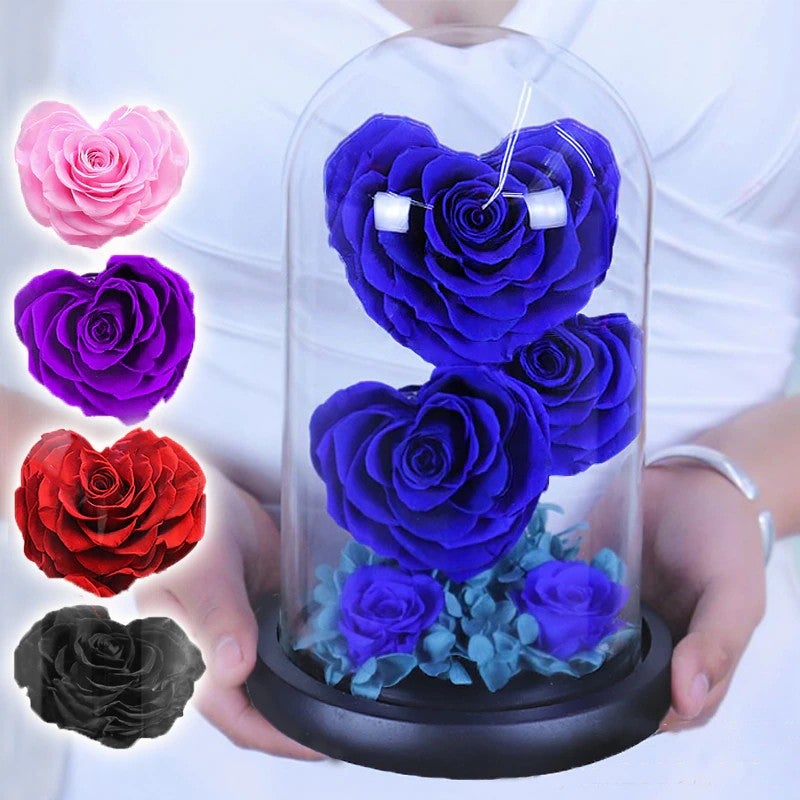 Heart Shaped Immortal Enchanted Preserved Rose Glass Display (3 Colors) 2 Sizes