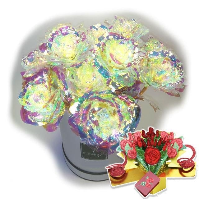 Galaxy Rose One Dozen 12 Flower Arrangement Round Suede Box & 3D Pop Up Gift Card