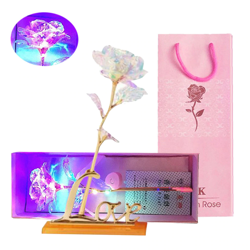 Pink 24k "Galaxy" Gold Rose "Love You For Life" Love w/Light & Display Stand