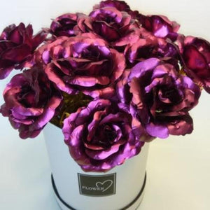 Galaxy Rose One Dozen 12 Flower Arrangement Round Suede Box & 3D Pop Up Gift Card