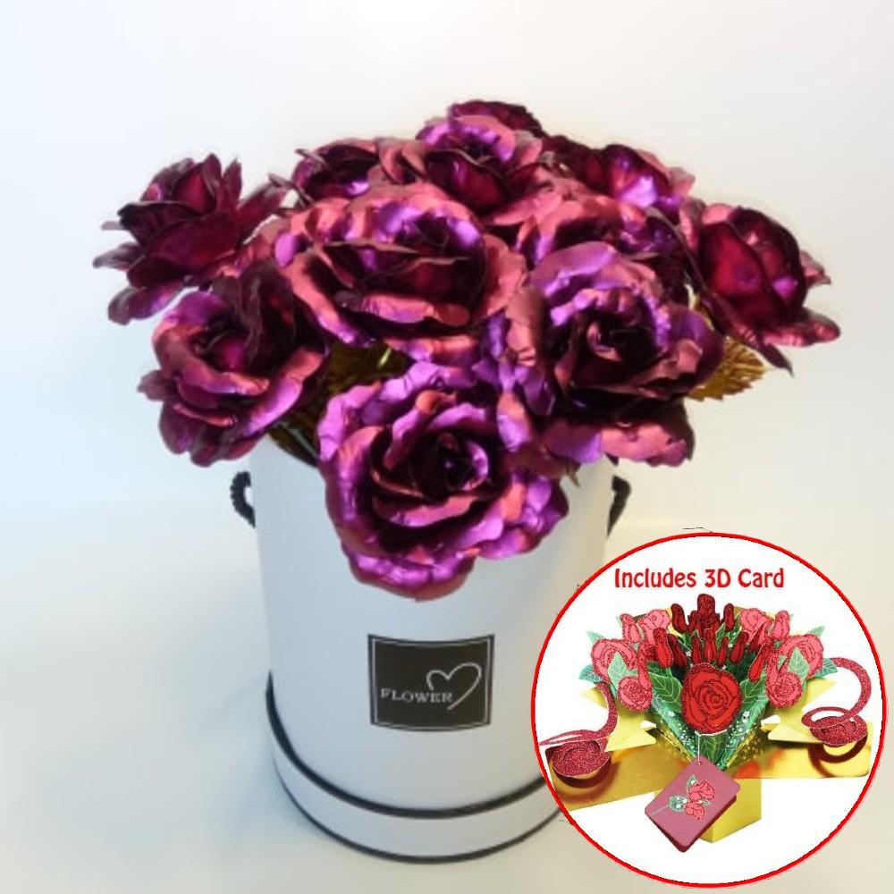 Galaxy Rose One Dozen 12 Flower Arrangement Round Suede Box & 3D Pop Up Gift Card