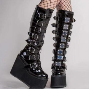 Buckle Strap Glitter High Heel Chunky Platform Boots (4 Colors) 9 Sizes