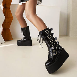 Buckle Strap Glitter High Heel Chunky Platform Boots (4 Colors) 9 Sizes