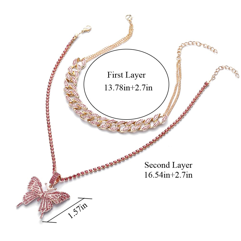 Double Iced Butterfly Pendant Necklace Cuban Chain (9 Colors) Cubic Zirconia