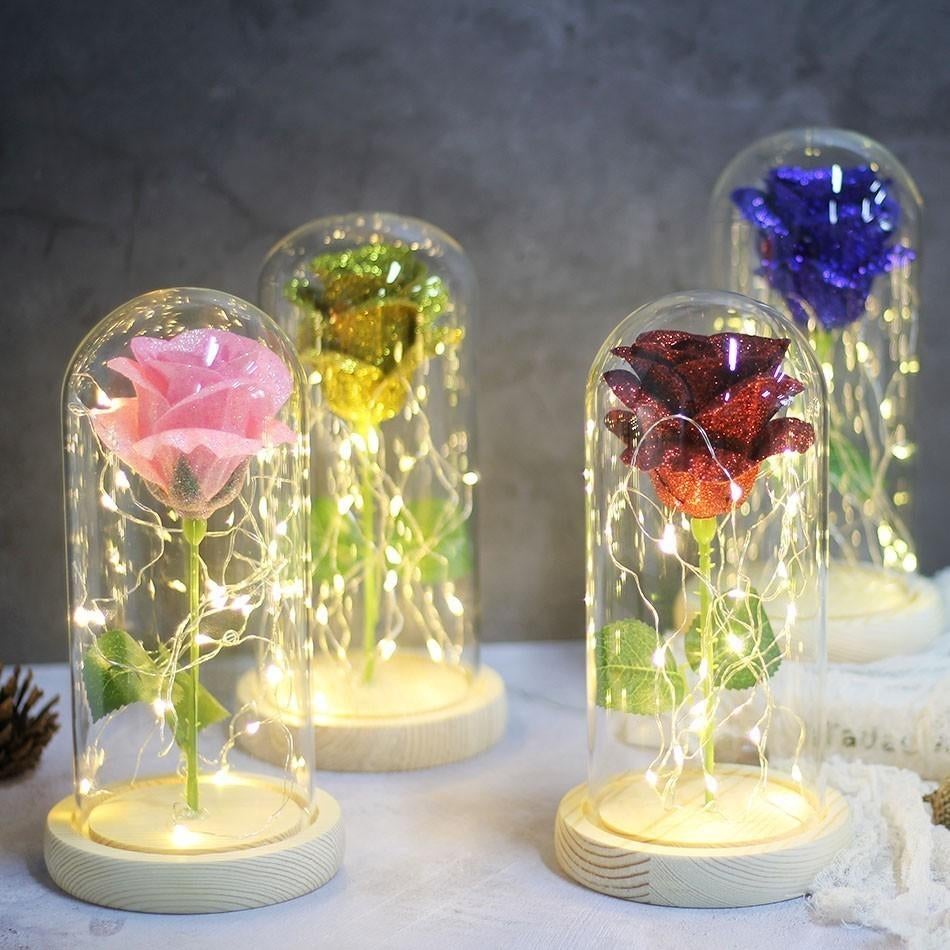 Shimmering Glitter Enchanted Rose LED Glass Display (10 Variants)