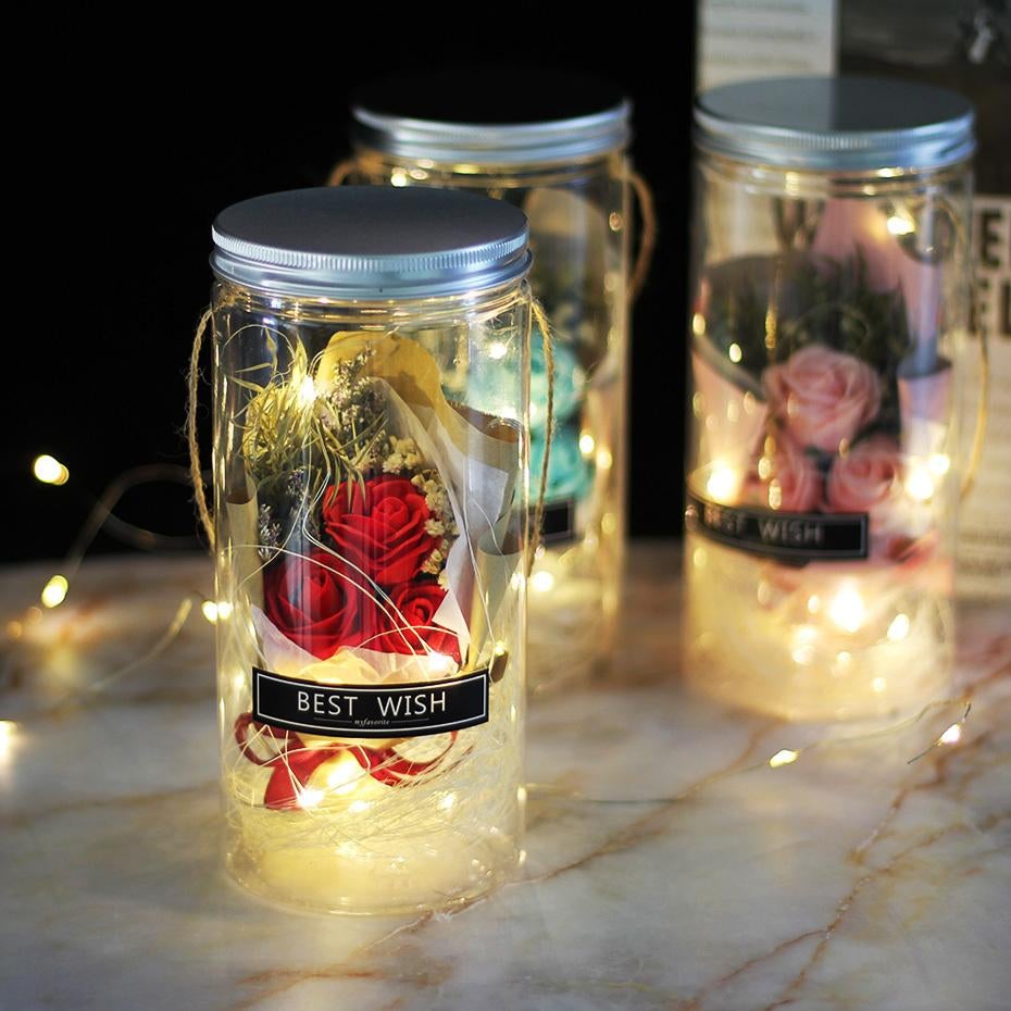 Mini Mason Jar Bouquet Enchanted Rose LED Display (3 Colors)