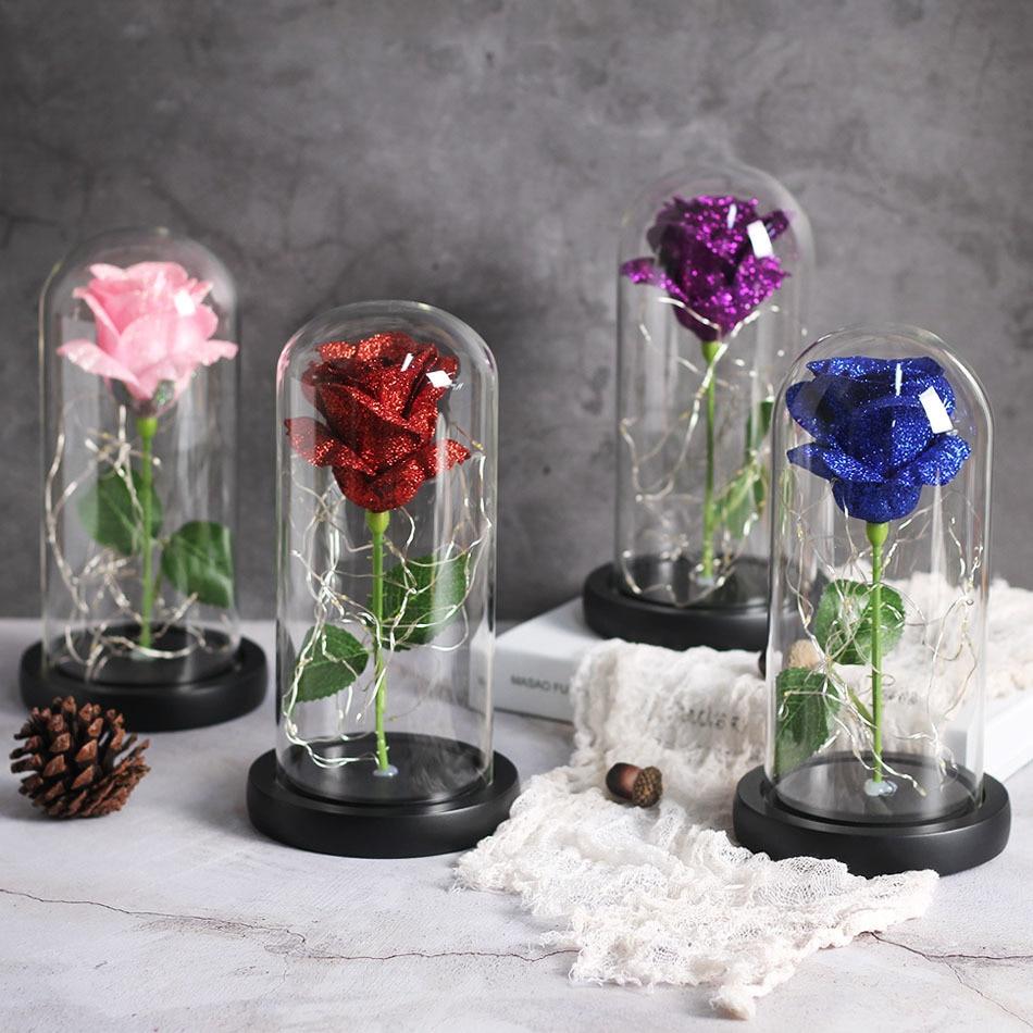 Shimmering Glitter Enchanted Rose LED Glass Display (10 Variants)
