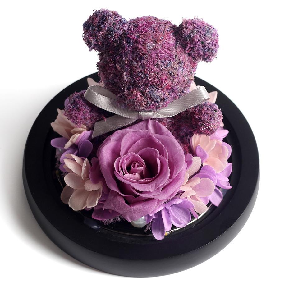 Immortal Preserved Rose Teddy Bear Glass LED Display (4 Colors)