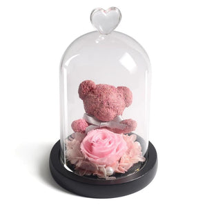 Immortal Preserved Rose Teddy Bear Glass LED Display (4 Colors)