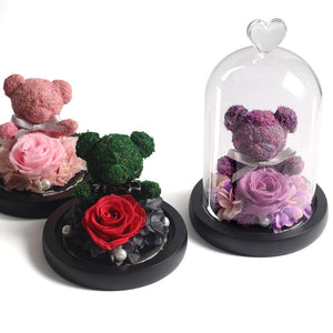 Immortal Preserved Rose Teddy Bear Glass LED Display (4 Colors)