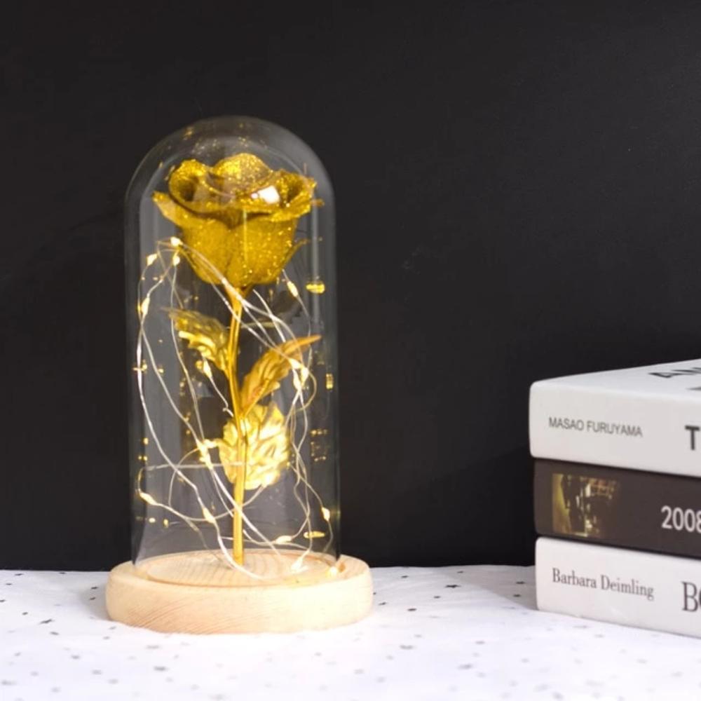 Shimmering Gold Glitter Enchanted Rose LED Glass Display (5 Variants)