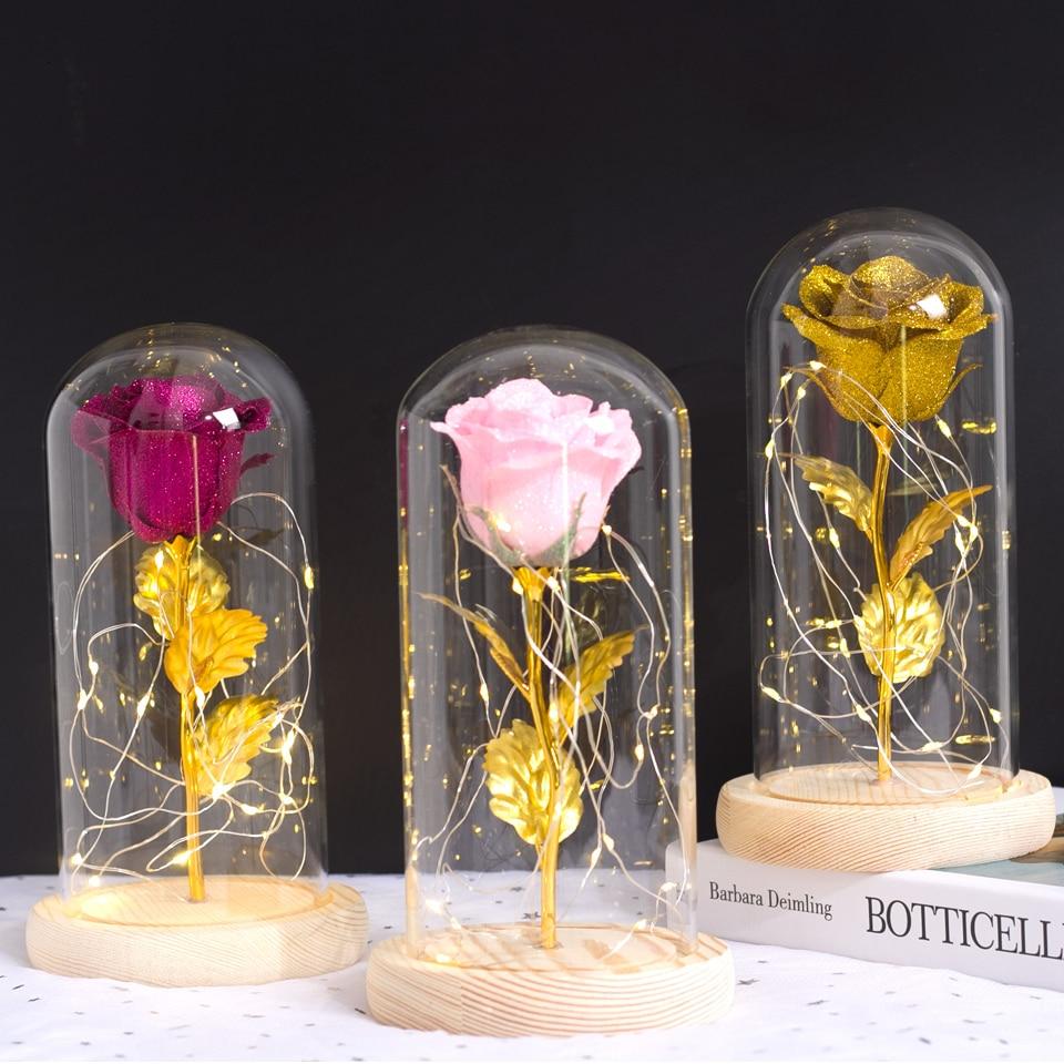 Shimmering Gold Glitter Enchanted Rose LED Glass Display (5 Variants)