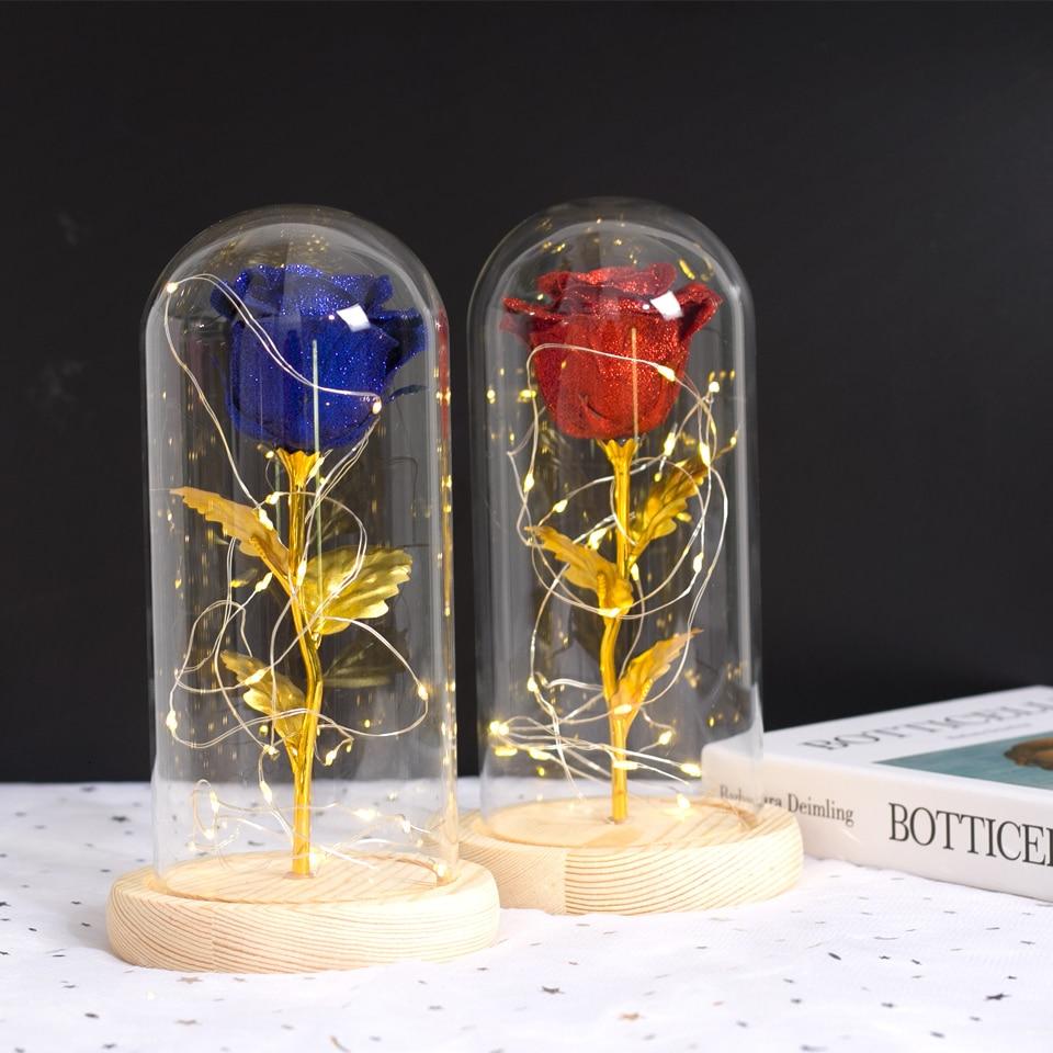 Shimmering Gold Glitter Enchanted Rose LED Glass Display (5 Variants)