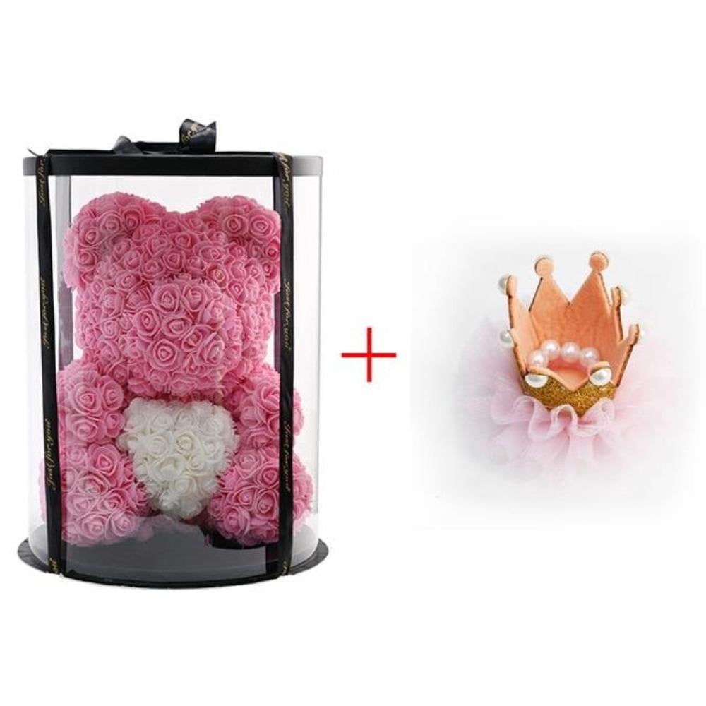 Deluxe Enchanted Forever Rose Teddy Bear Round Gift Box (32 styles) Optional LED Lights or Crown