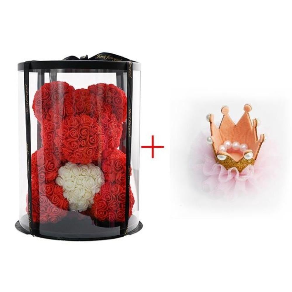 Deluxe Enchanted Forever Rose Teddy Bear Round Gift Box (32 styles) Optional LED Lights or Crown