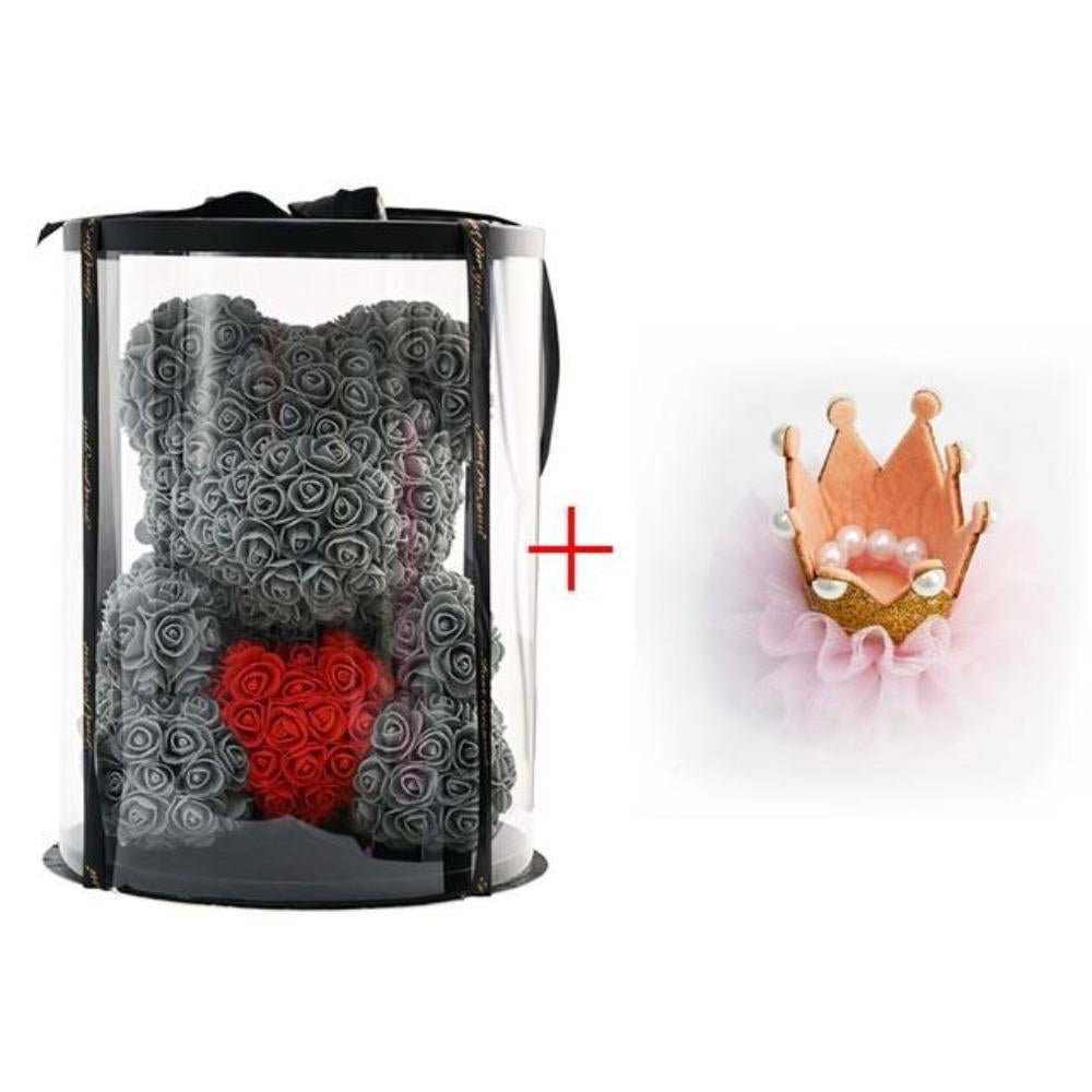 Deluxe Enchanted Forever Rose Teddy Bear Round Gift Box (32 styles) Optional LED Lights or Crown