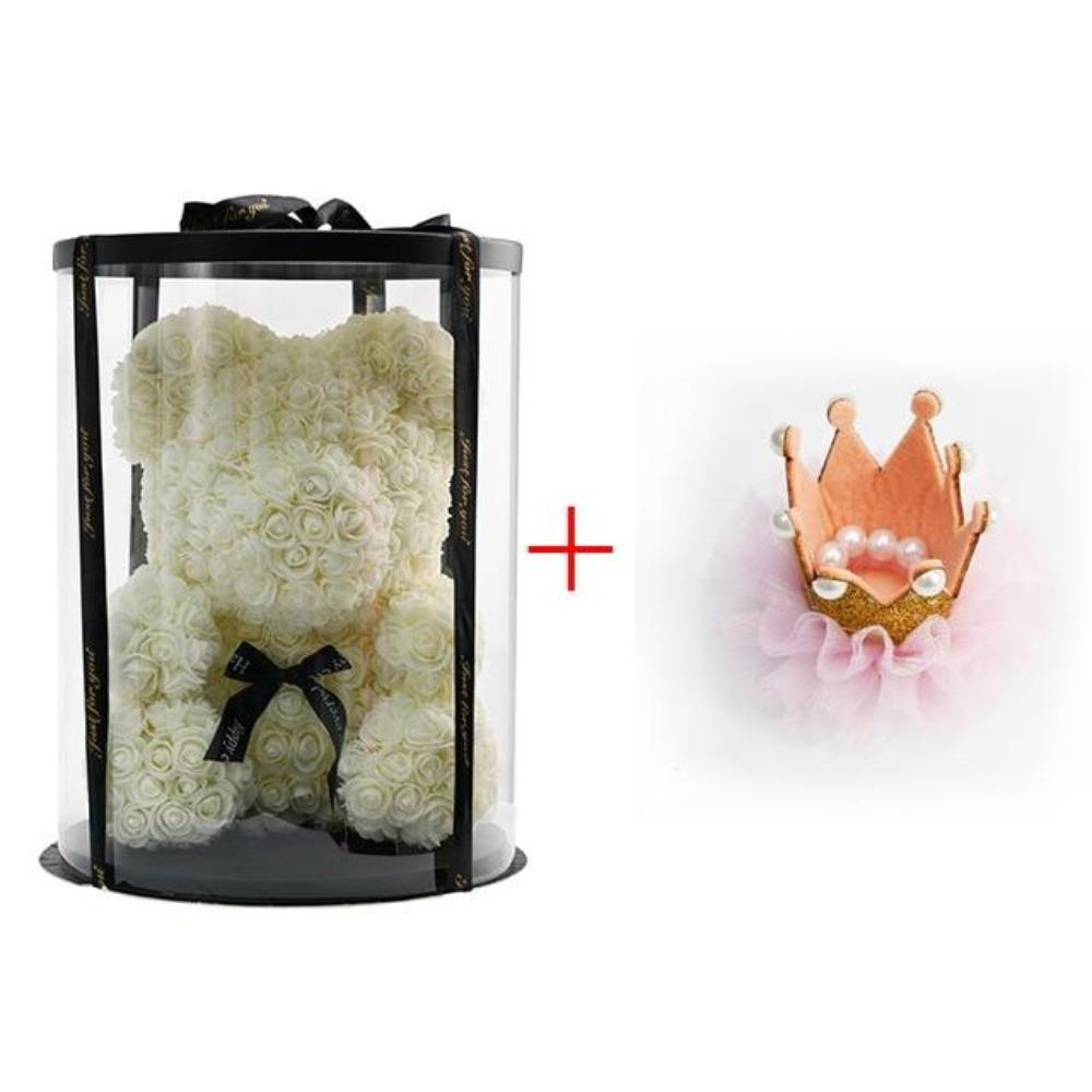 Deluxe Enchanted Forever Rose Teddy Bear Round Gift Box (32 styles) Optional LED Lights or Crown