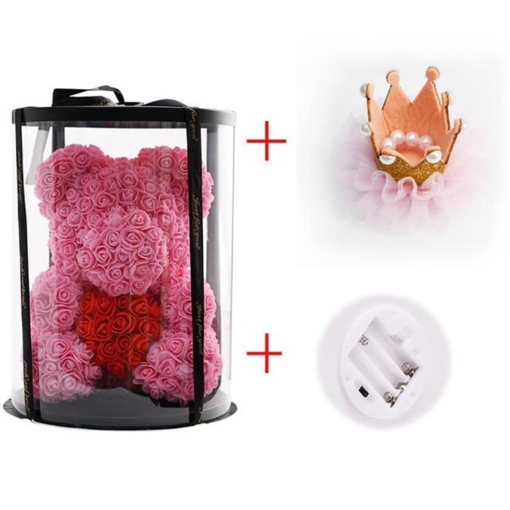Deluxe Enchanted Forever Rose Teddy Bear Round Gift Box (32 styles) Optional LED Lights or Crown