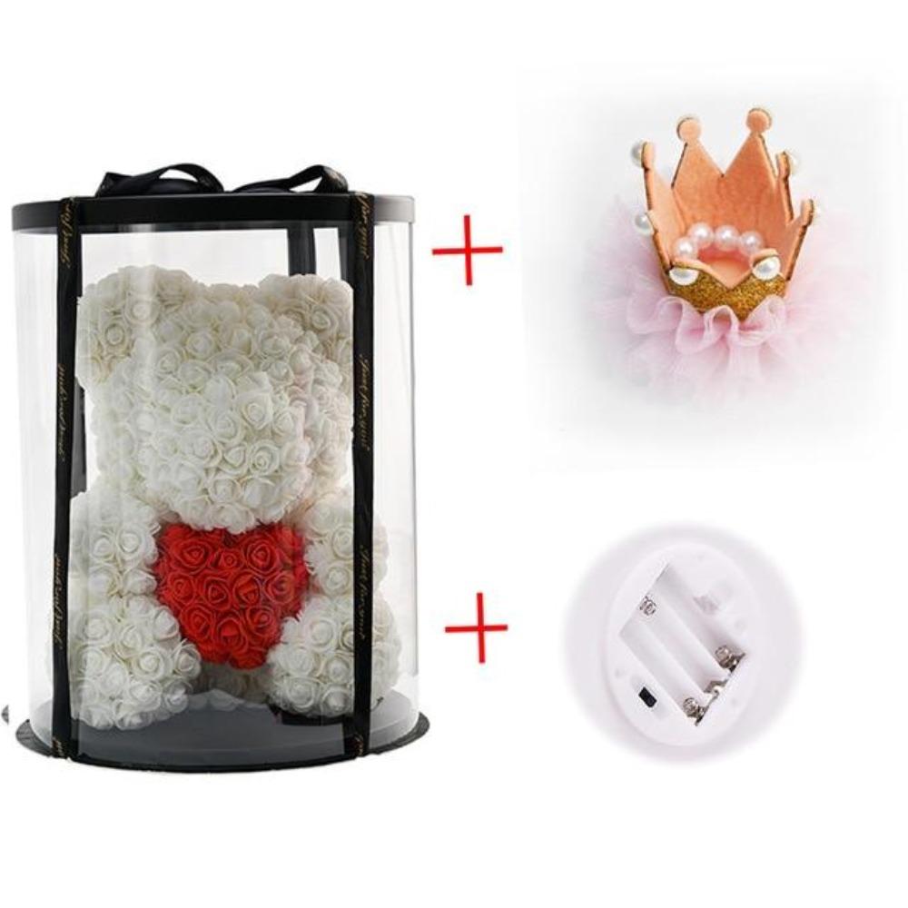 Deluxe Enchanted Forever Rose Teddy Bear Round Gift Box (32 styles) Optional LED Lights or Crown