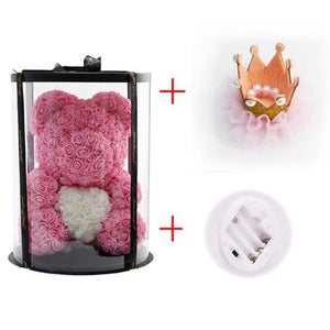 Deluxe Enchanted Forever Rose Teddy Bear Round Gift Box (32 styles) Optional LED Lights or Crown