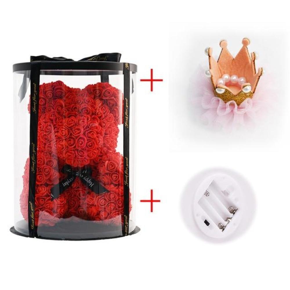 Deluxe Enchanted Forever Rose Teddy Bear Round Gift Box (32 styles) Optional LED Lights or Crown