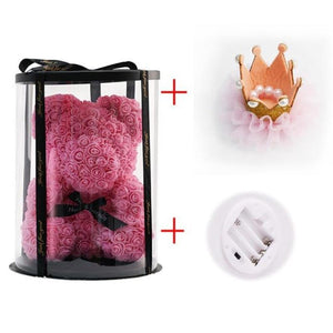 Deluxe Enchanted Forever Rose Teddy Bear Round Gift Box (32 styles) Optional LED Lights or Crown