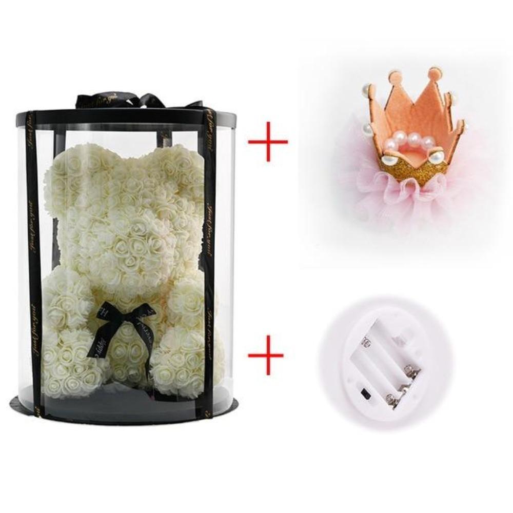 Deluxe Enchanted Forever Rose Teddy Bear Round Gift Box (32 styles) Optional LED Lights or Crown