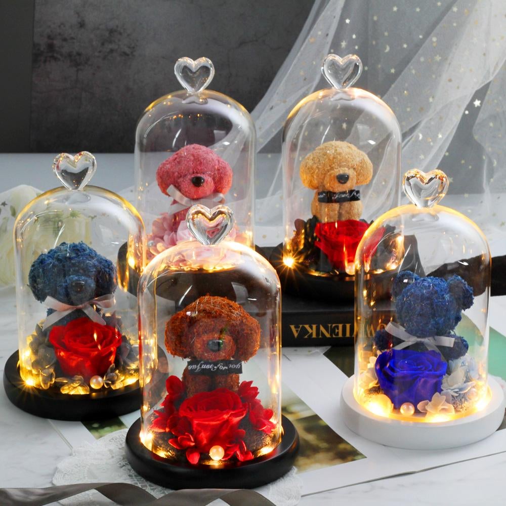 Immortal Preserved Rose Puppy Dog Glass LED Display (4 Colors)
