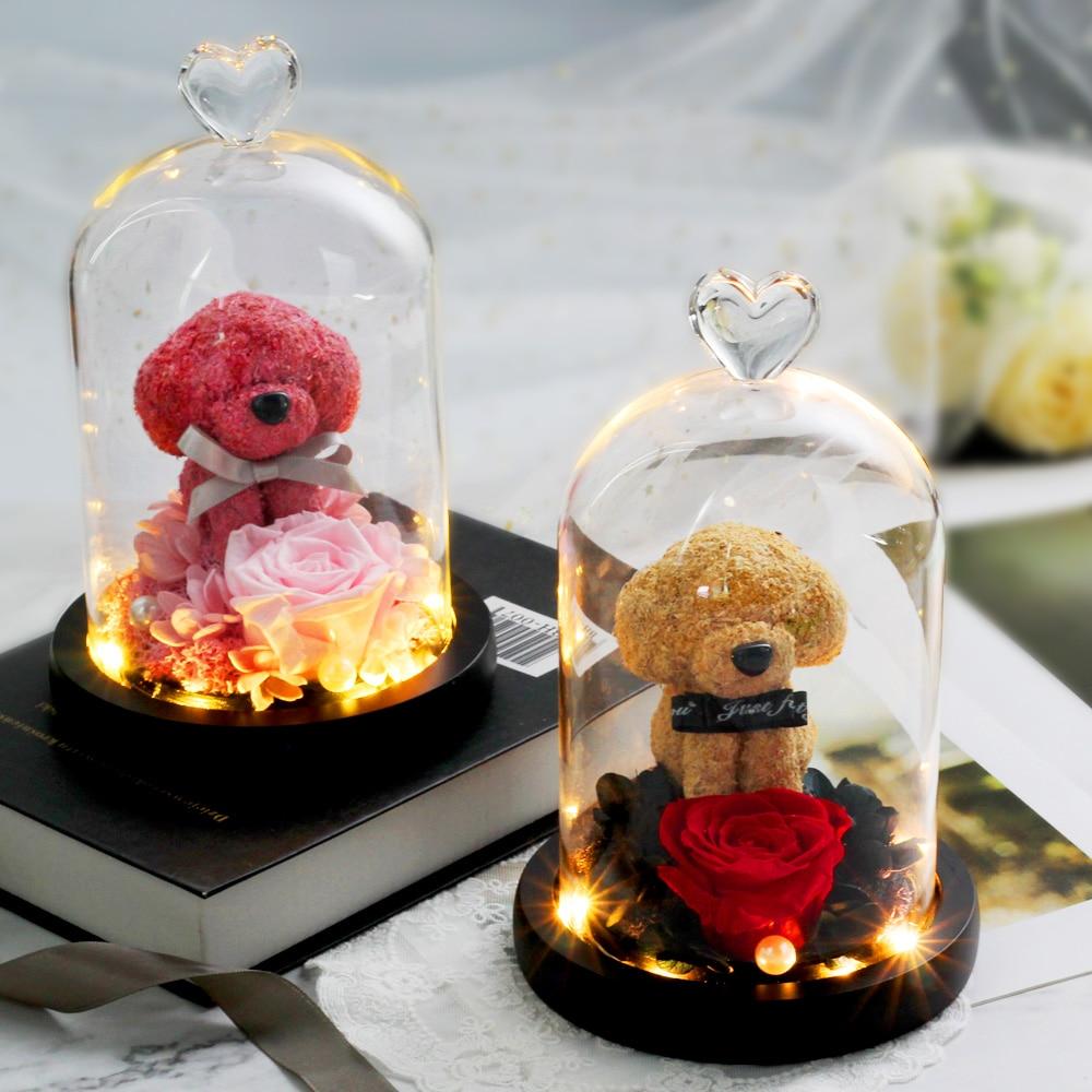Immortal Preserved Rose Puppy Dog Glass LED Display (4 Colors)