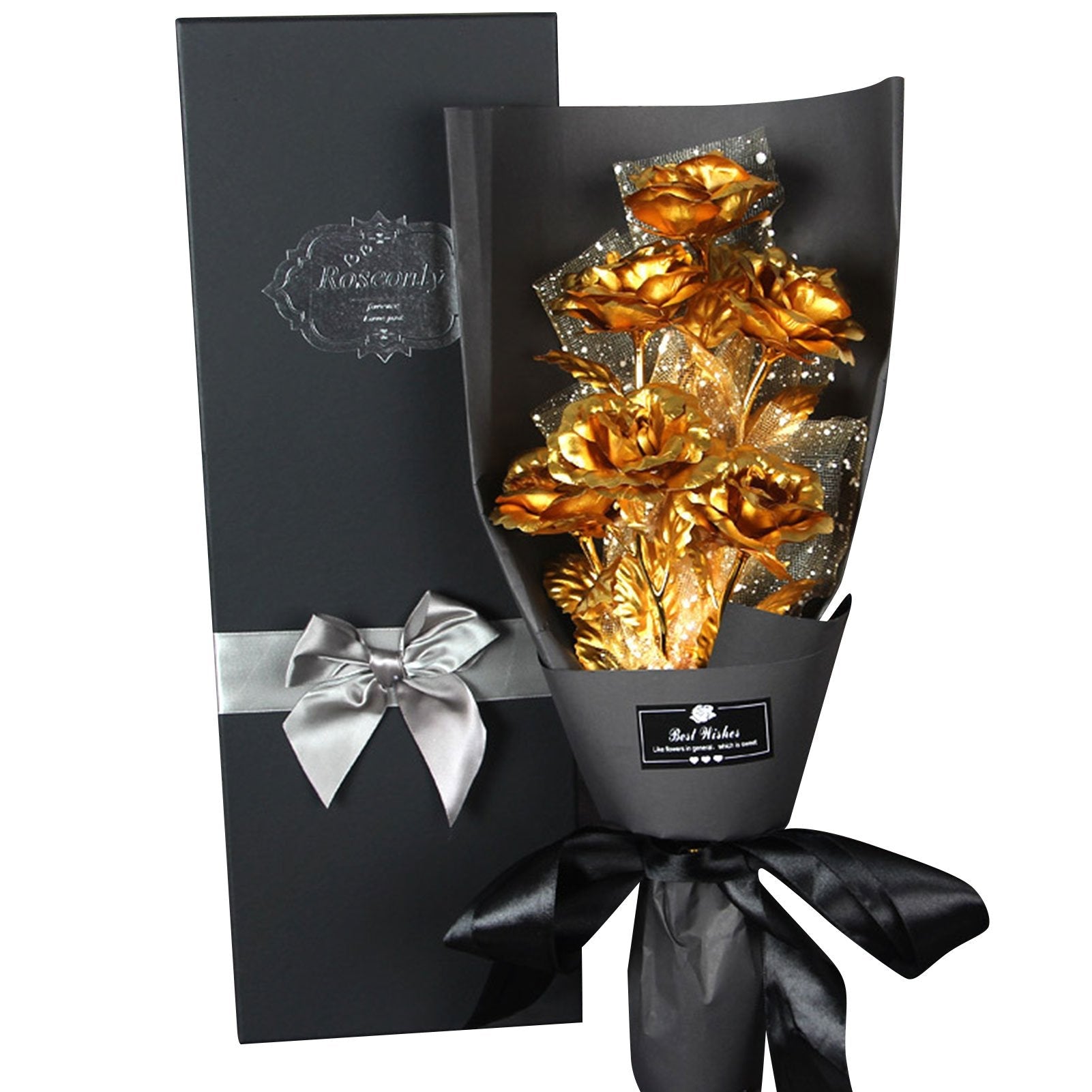 24k Galaxy Foil Rose Bouquet 6 Flower Arrangement (4 Colors) w/Gift Box