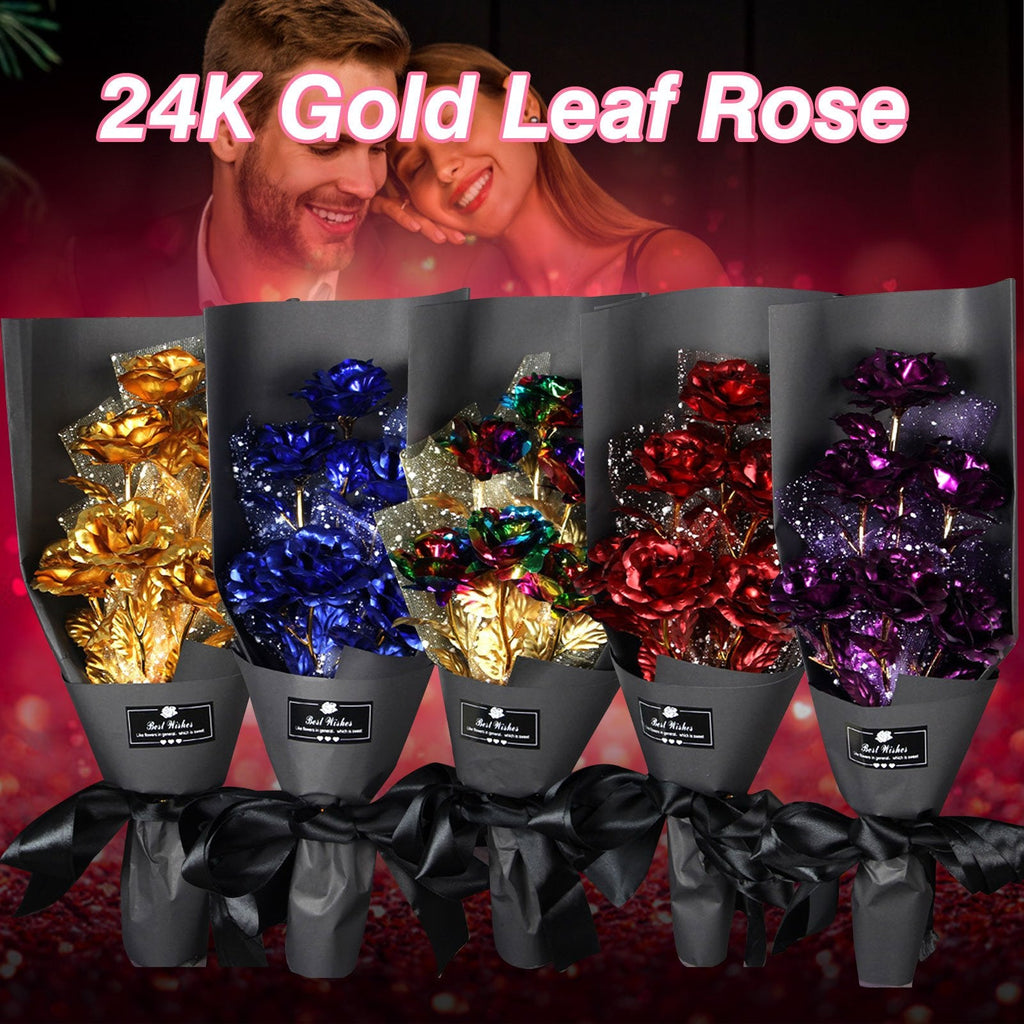 24k Galaxy Foil Rose Bouquet 6 Flower Arrangement (4 Colors) w/Gift Box