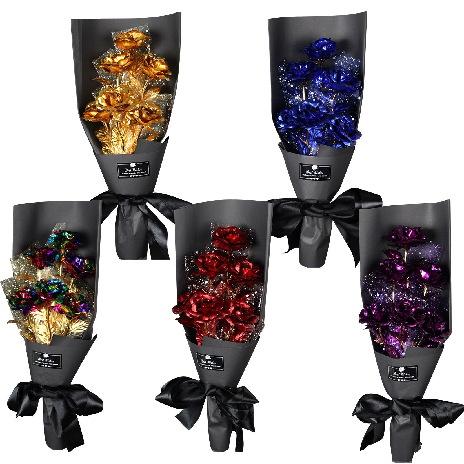 24k Galaxy Foil Rose Bouquet 6 Flower Arrangement (4 Colors) w/Gift Box