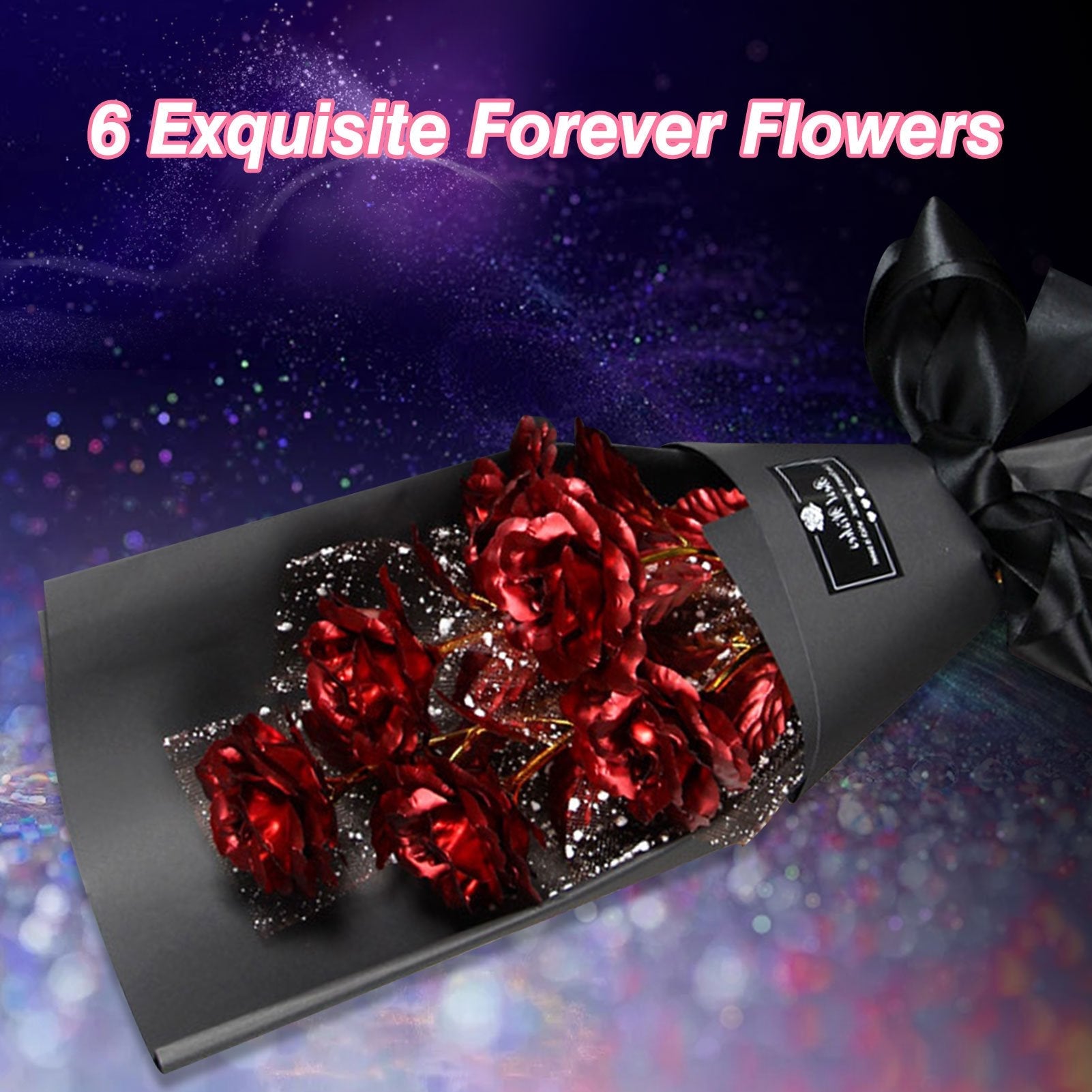24k Galaxy Foil Rose Bouquet 6 Flower Arrangement (4 Colors) w/Gift Box