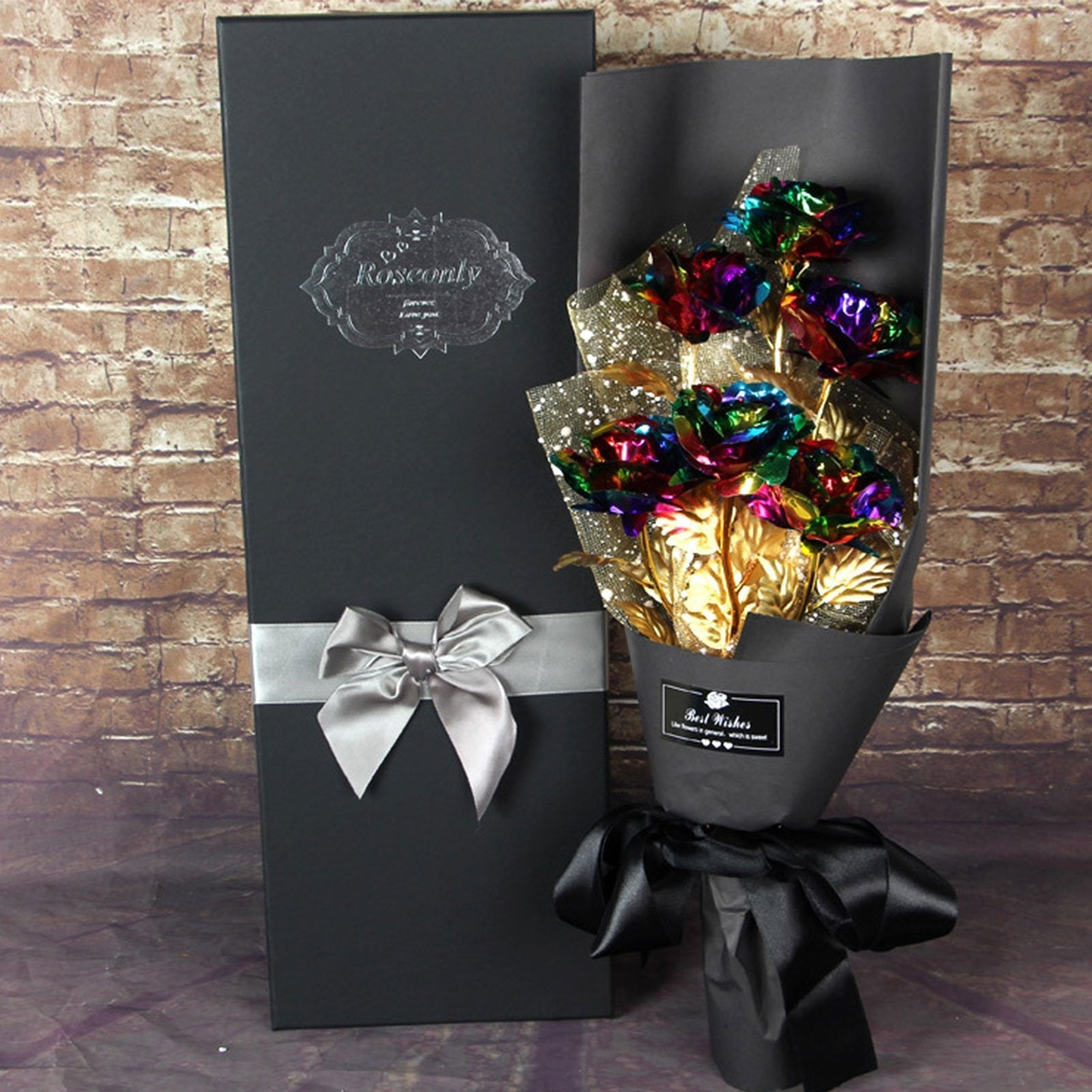 24k Galaxy Foil Rose Bouquet 6 Flower Arrangement (4 Colors) w/Gift Box