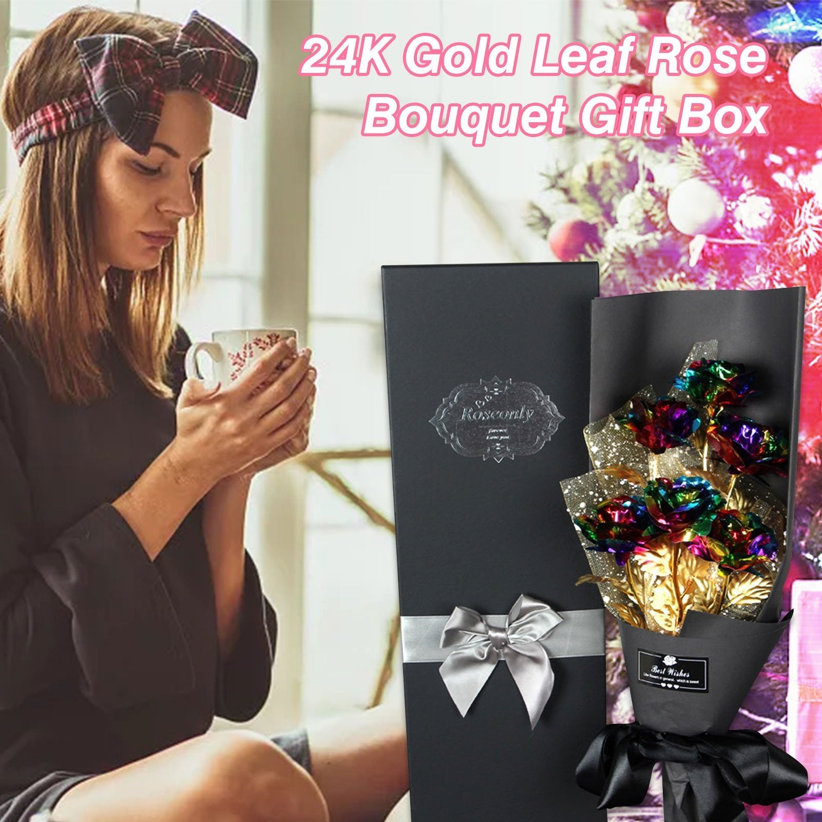 24k Galaxy Foil Rose Bouquet 6 Flower Arrangement (4 Colors) w/Gift Box