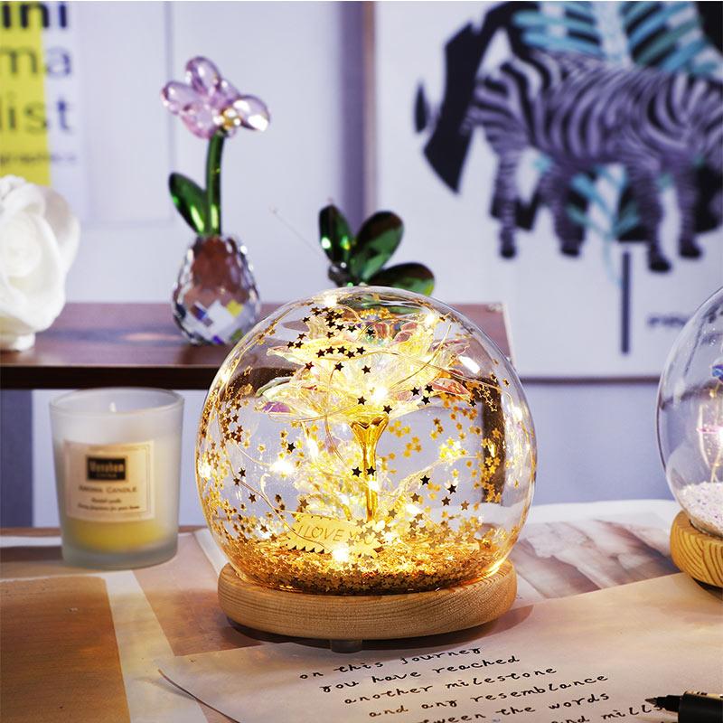 Galaxy Crystal Ball Enchanted Red Rose LED Glass Display (Gold or Silver Stars)