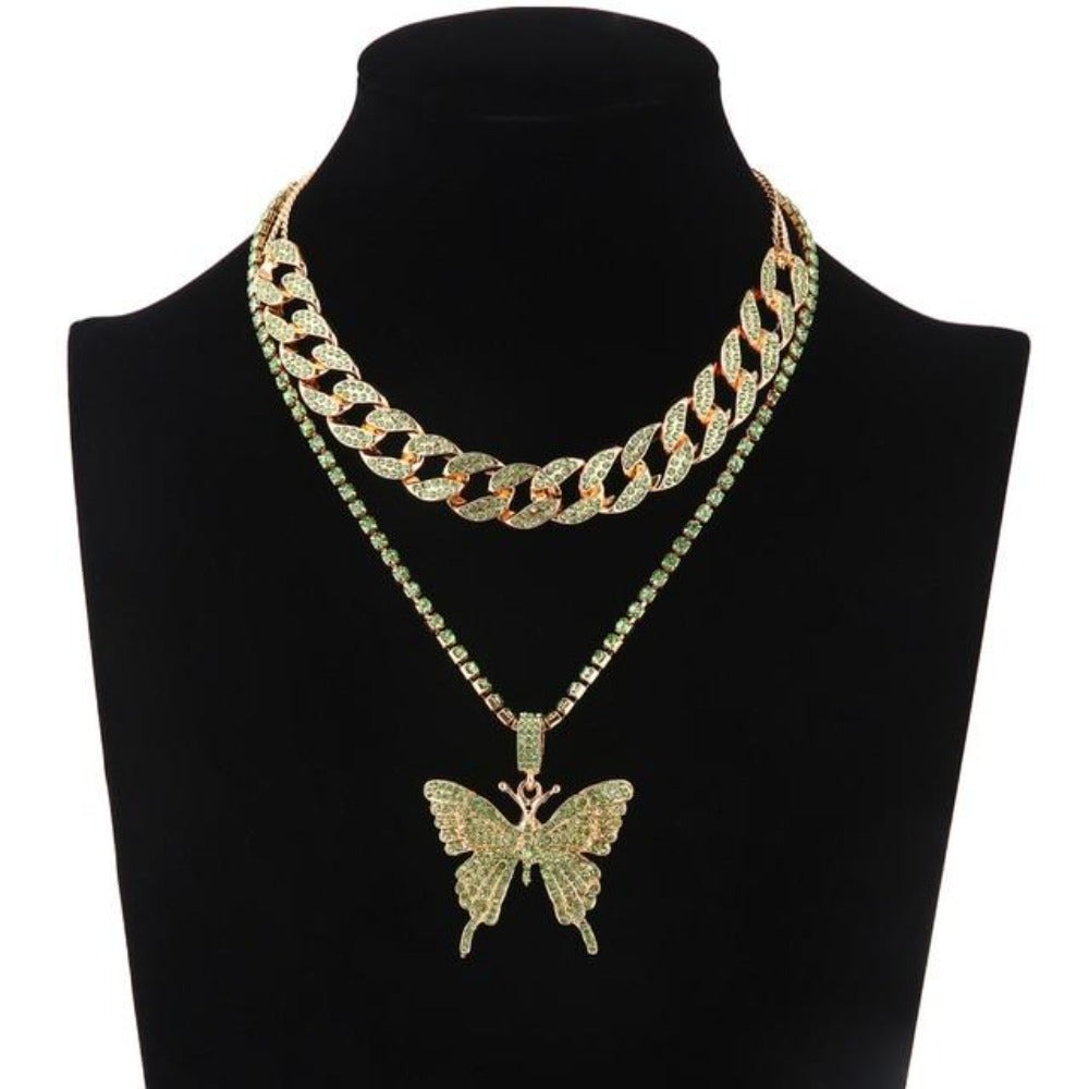 Double Iced Butterfly Pendant Necklace Cuban Chain (9 Colors) Cubic Zirconia