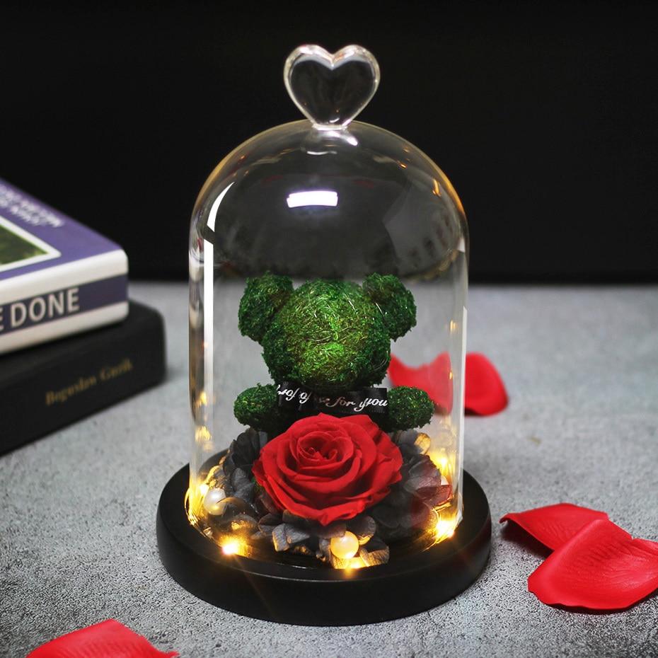 Immortal Preserved Rose Teddy Bear Glass LED Display (4 Colors)