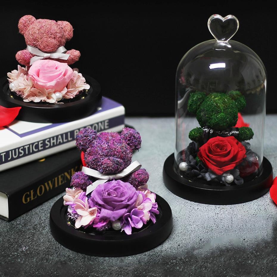 Immortal Preserved Rose Teddy Bear Glass LED Display (4 Colors)
