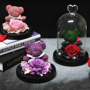 Immortal Preserved Rose Teddy Bear Glass LED Display (4 Colors)