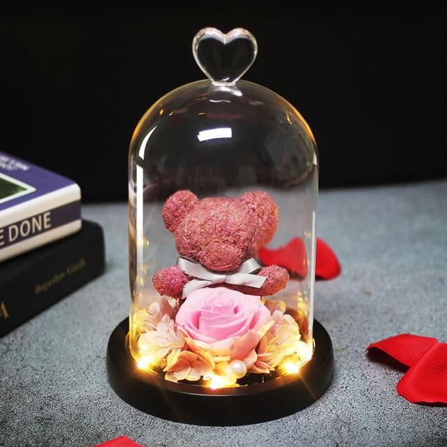 Immortal Preserved Rose Teddy Bear Glass LED Display (4 Colors)