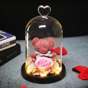 Immortal Preserved Rose Teddy Bear Glass LED Display (4 Colors)