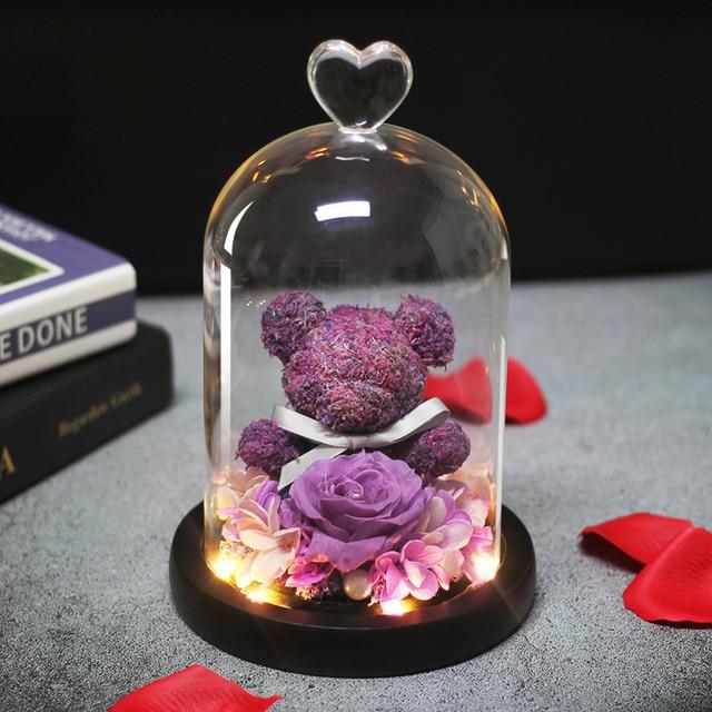 Immortal Preserved Rose Teddy Bear Glass LED Display (4 Colors)
