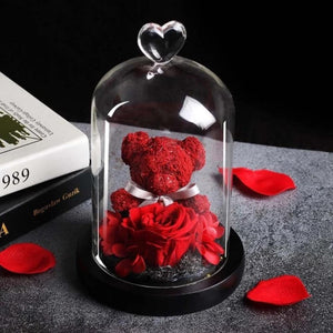 Immortal Preserved Rose Teddy Bear Glass LED Display (4 Colors)